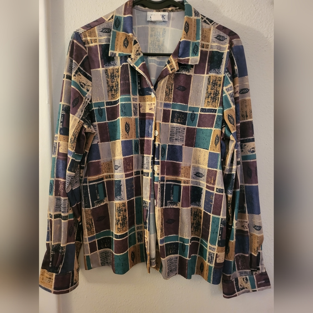 Vintage silk abstract jewel tones button down top